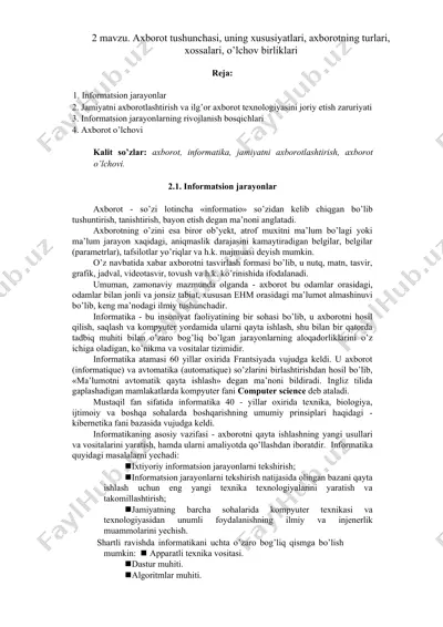 axborot tushunchasi va axborotning o'lchov birliklari — DOC