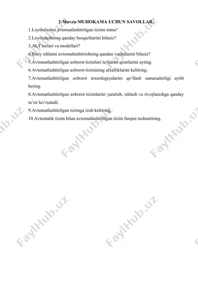 avtomatlashtirilgan loyihalash tizimlari haqida muhokama savollari — DOC