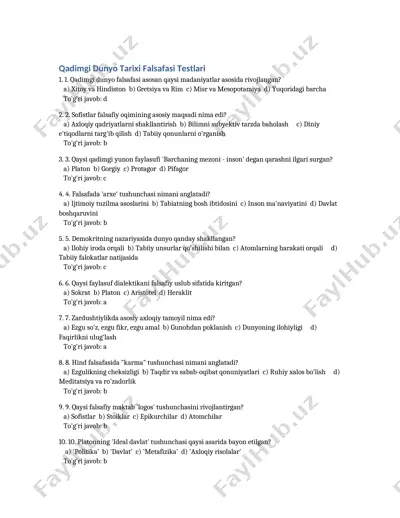qadimgi dunyo tarixi falsafasi testlari — DOCX