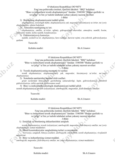 yakuniy nazorat savollari "bino va inshootlarni texnik ekspluatatsiyasi" fanidan — DOC