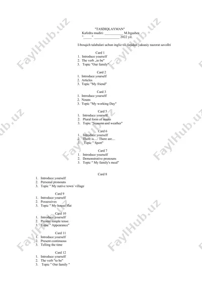 english language final exam cards set — DOC