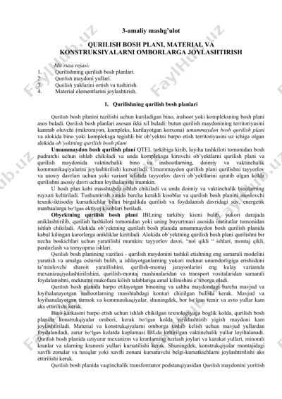 qurilish bosh plani, material va konstruksiyalarni omborlarga joylashtirish — DOC