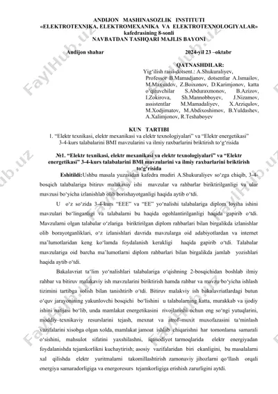elektrotexnika, elektromexanika va elektrotexnologiyalar kafedrasi bayoni — DOC