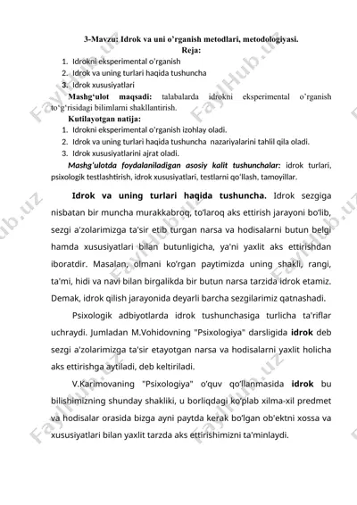 idrok va uni o’rganish metodlari, metodologiyasi — DOC