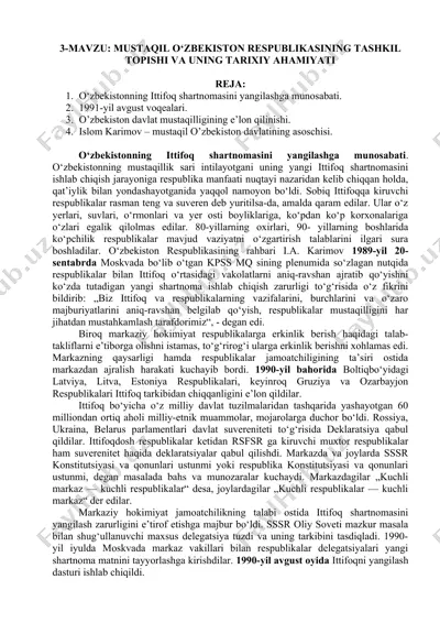 o‘zbekistonning tashkil topishi va tarixiy ahamiyati — DOC