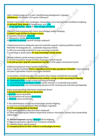 biologiya test savollari — DOC