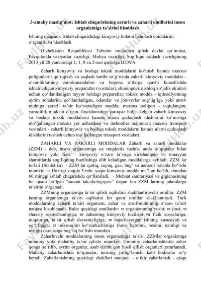 3-amaliy mashg‘ulot: ishlab chiqarishning zararli va zaharli omillarini inson organizmiga ta’sirini hisoblash — DOC