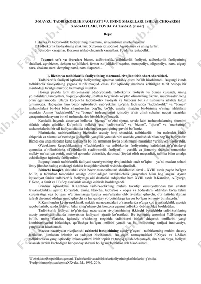 biznes va tadbirkorlik faoliyati va uning shakllari — DOC