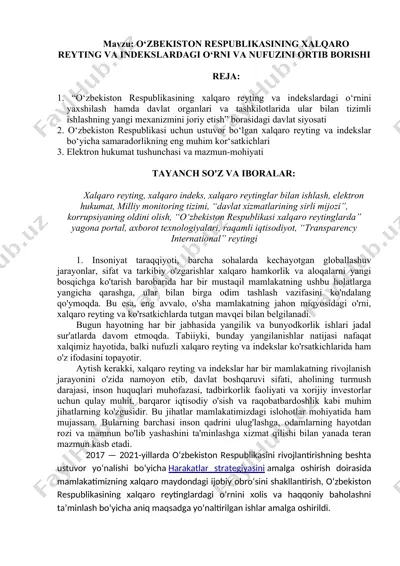 o‘zbekiston respublikasining xalqaro reyting va indekslardagi o‘rni va nufuzini ortib borishi — DOC