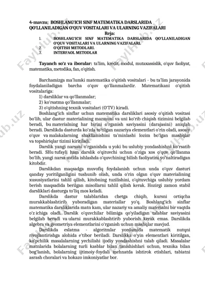 boshlang‘ich sinf matematika darslarida qo‘llaniladigan o‘quv vositalari va ularning vazifalari — DOC