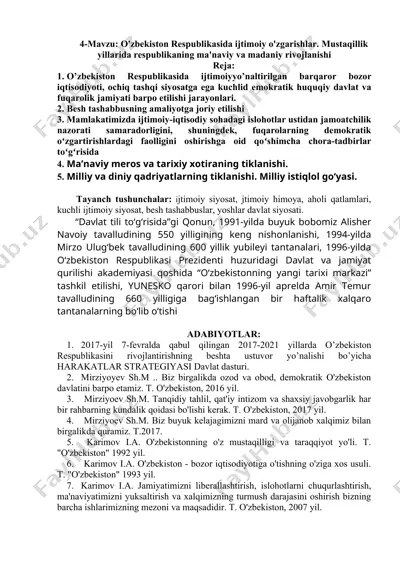 o'zbekiston respublikasida ijtimoiy o'zgarishlar. mustaqillik yillarida respublikaning ma'naviy va madaniy rivojlanishi — DOC