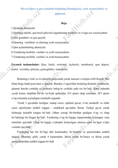 qon va qon aylanish tizimining fiziologiyasi, yosh xususiyatlari va gigienasi. — DOC