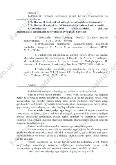 tadbirkorlik faoliyati sohasidagi ruxsat berish, litsenziyalash va muvofiqlikni baholash — DOC