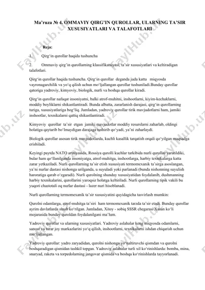 ommaviy qirg’in qurollar, ularning ta’sir xususiyatlari va talafotlari — DOC