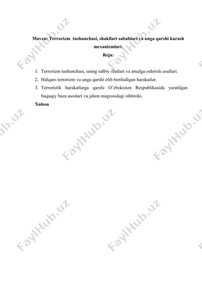 terrorizm tushunchasi, shakllari sabablari va unga qarshi kurash mexanizmlari — DOCX