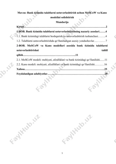 bank tizimida talablarni ustuvorlashtirish uchun moscow va kano modelini solishtirish — DOCX