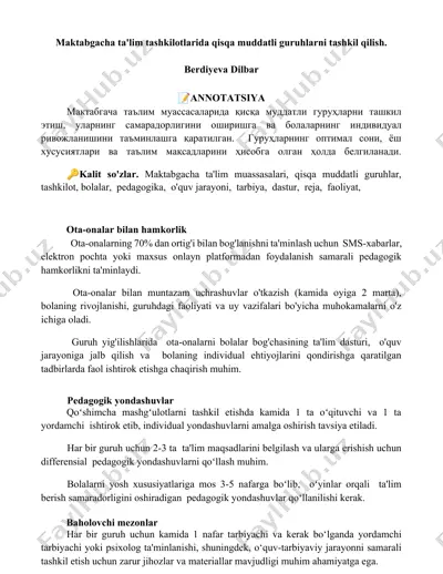 maktabgacha ta'lim tashkilotlarida qisqa muddatli guruhlarni tashkil qilish — DOCX