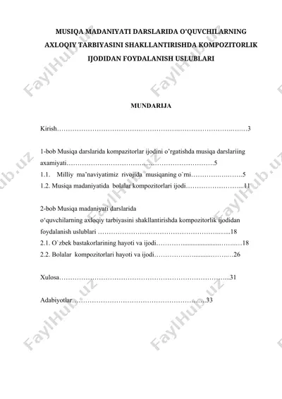 musiqa madaniyati darslarida o'quvchilarning axloqiy tarbiyasini shakllantirishda kompozitorlik ijodidan foydalanish uslublari — DOCX