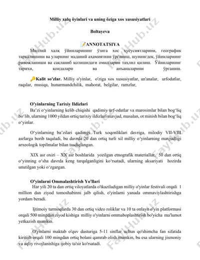 milliy xalq o'yinlari va uning o'ziga xos xususiyatlari — DOCX