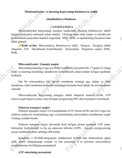mitohondriyalar va ularning hujayradagi biokimyoviy tahlili — DOCX