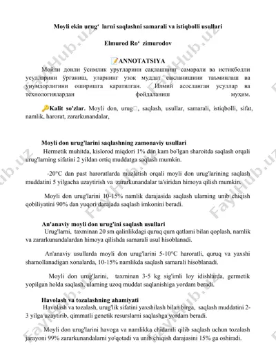 moyli ekin urug'larni saqlashni samarali va istiqbolli usullari — DOCX