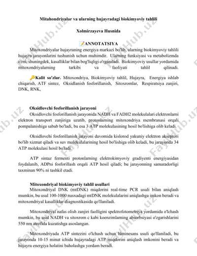 mitoxondriyalar va ularning hujayradagi biokimyoviy tahlili — DOCX