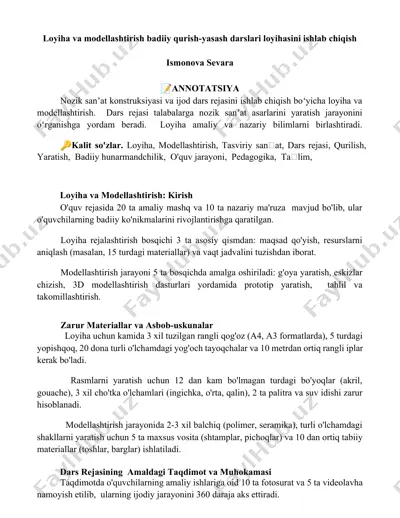 loyiha va modellashtirish badiiy qurish-yasash darslari loyihasini ishlab chiqish — DOCX