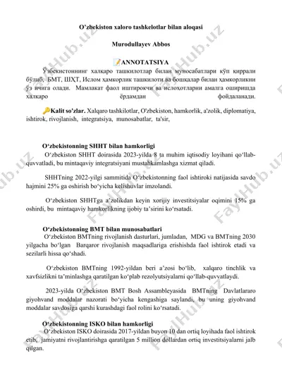 oʻzbekiston xalqaro tashkilotlar bilan aloqasi — DOCX