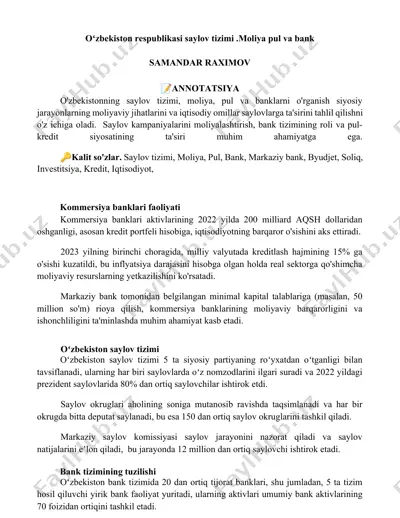 oʻzbekiston respublikasi saylov tizimi, moliya, pul va bank — DOCX