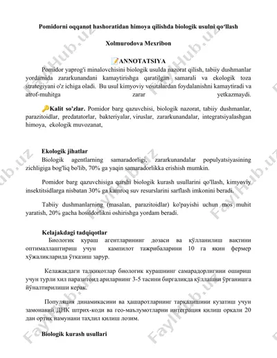 pomidor barg qazuvchisini biologik nazorat qilish — DOCX