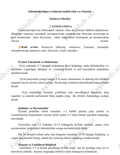 sahnalashtirilgan o'yinlarini tashkil etish va o'tkazish — DOCX