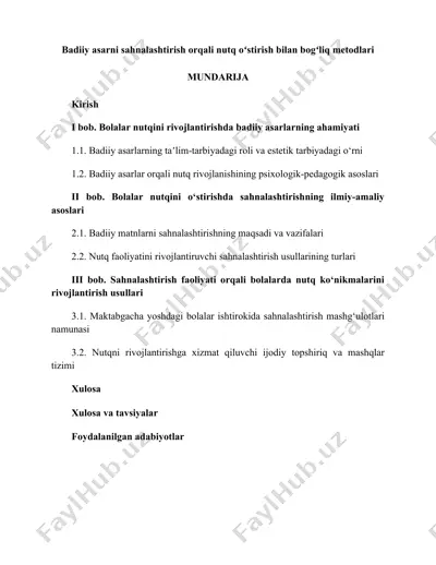 badiiy asarni sahnalashtirish orqali nutq oʻstirish bilan bogʻliq metodlari — DOCX