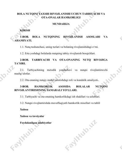 bola nutqini yaxshi rivojlanishi uchun tarbiyachi va ota-onalar hamkorligi — DOCX