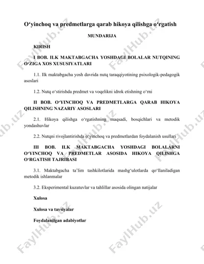 o‘yinchoq va predmetlarga qarab hikoya qilishga o‘rgatish — DOCX
