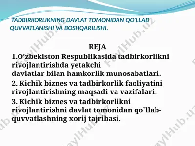 tadbirkorlikning davlat tomonidan qo’llab quvvatlanishi va boshqarilishi — PPTX