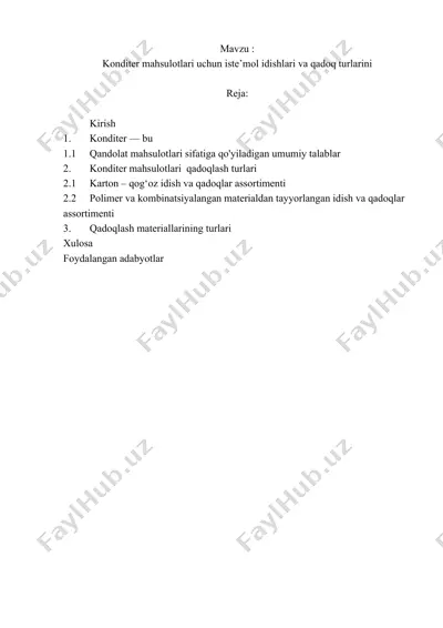 konditer mahsulotlari uchun iste’mol idishlari va qadoq turlari — DOCX
