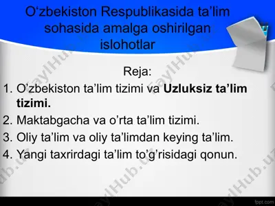 o‘zbekiston respublikasi ta'lim sohasida amalga oshirilgan islohotlar — PPTX