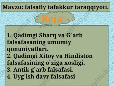 qadimgi sharq va g'arb falsafasining umumiy qonuniyatlari — PPTX