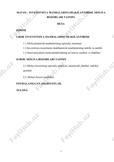 investitsiya manbalarini shakllantirish. moliya bozorlari tasnifi — DOCX