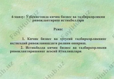 o'zbekistonda kichik biznes va tadbirkorlikni rivojlantirish istiqbollari — PPT