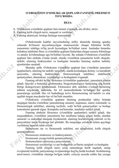 o'zbekiston o'simliklar qoplami fanining predmeti to'g'risida — DOCX