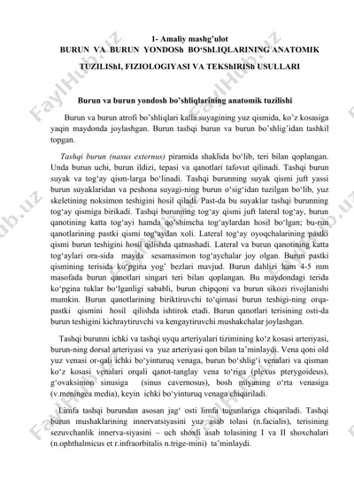 burun va burun yondosh bo'shliqlarining anatomik tuzilishi, fiziologiyasi va tekshirish usullari — DOCX