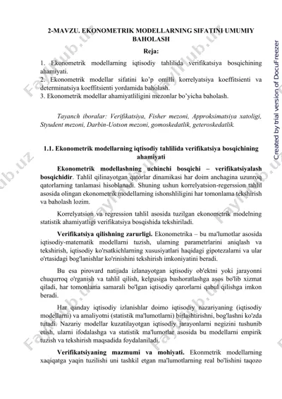 ekonometrik modellarning sifatini umumiy baholash — PDF