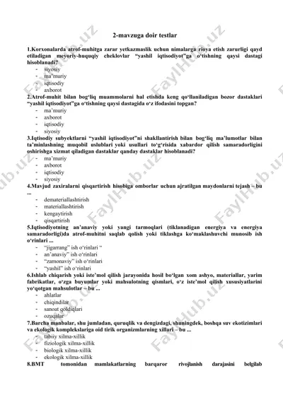 ishchi moliya bo‘limidagi yozma-batiga doir testlar — DOCX