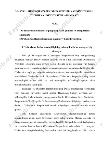 o'zbekiston respublikasining davlat mustaqilligi va uning tarixiy ahmiyati — DOCX