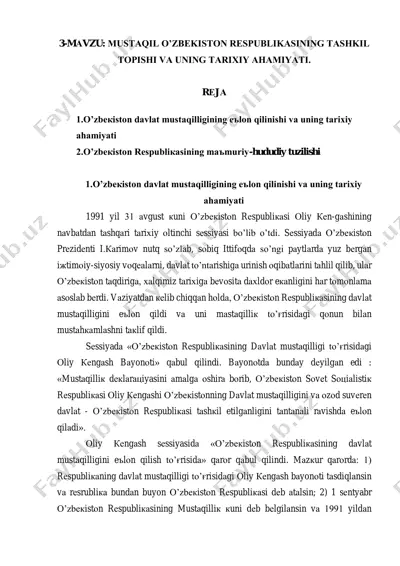 o'zbekiston respublikasining mustaqil o'zbekiston respublikasining tashkil topishi va uning tarihiy ahamiyati — PDF