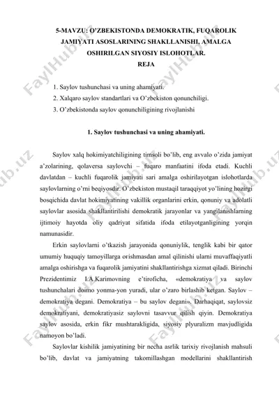 o‘zbekistonda demokratik, fuqarolik jamiyati asoslarining shakllanishi, amalga oshirilgan siyosiy islohotlar — DOCX