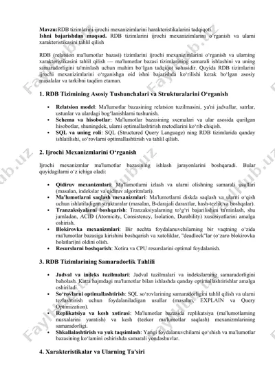 rdb tizimlarini ijrochi mexanizimlarini harakteristikalarini tadqiqoti — DOCX