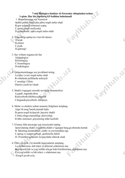 7-sinf biologiya fanidan al-xorazmiy olimpiadasi uchun — DOCX