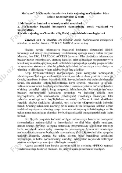 ma’ruza-7. ma’lumotlar bazalari va katta xajmdagi ma’lumotlar bilan ishlash texnologiyalari — DOCX